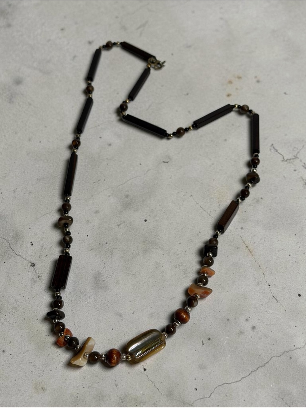 Earthy Woodsy Dark Autumn Abalone Shell & Wood Beaded Necklace Natural Boho